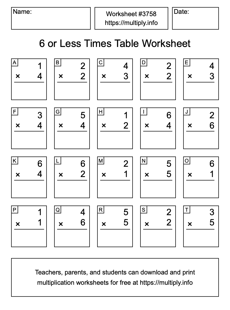 6 or less Times Table Worksheet #3758