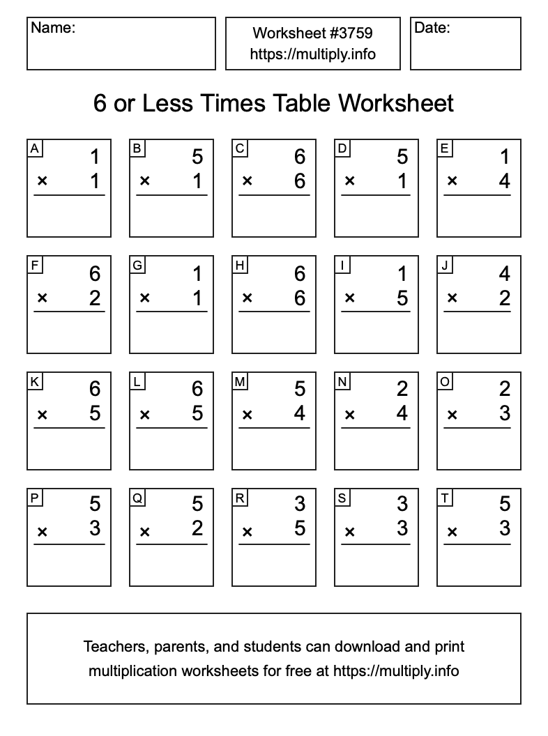 6 or less Times Table Worksheet #3759