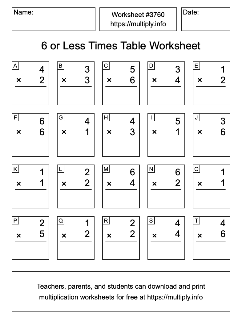 6 or less Times Table Worksheet #3760