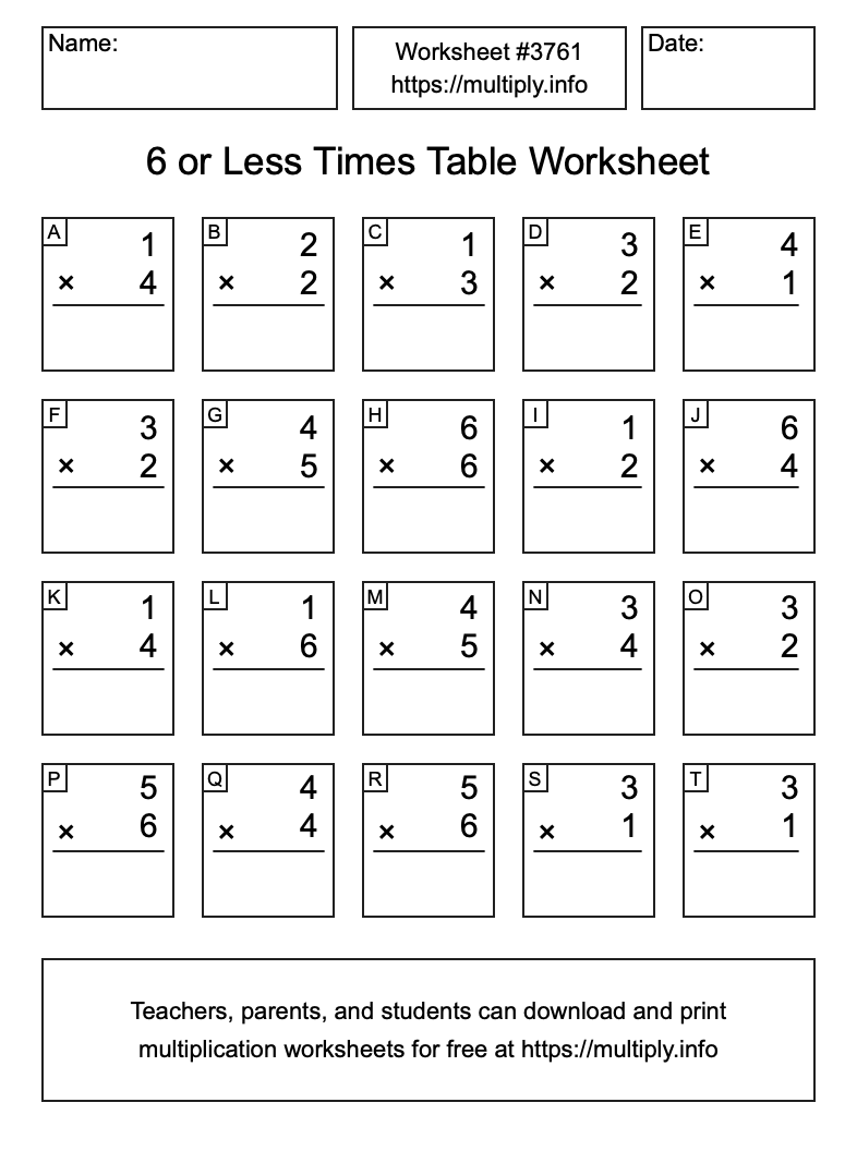 6 or less Times Table Worksheet #3761
