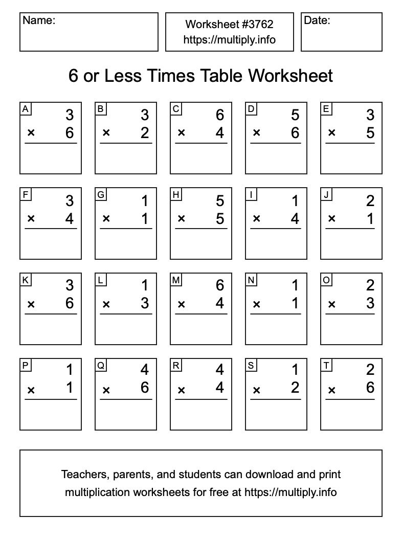 6 or less Times Table Worksheet #3762
