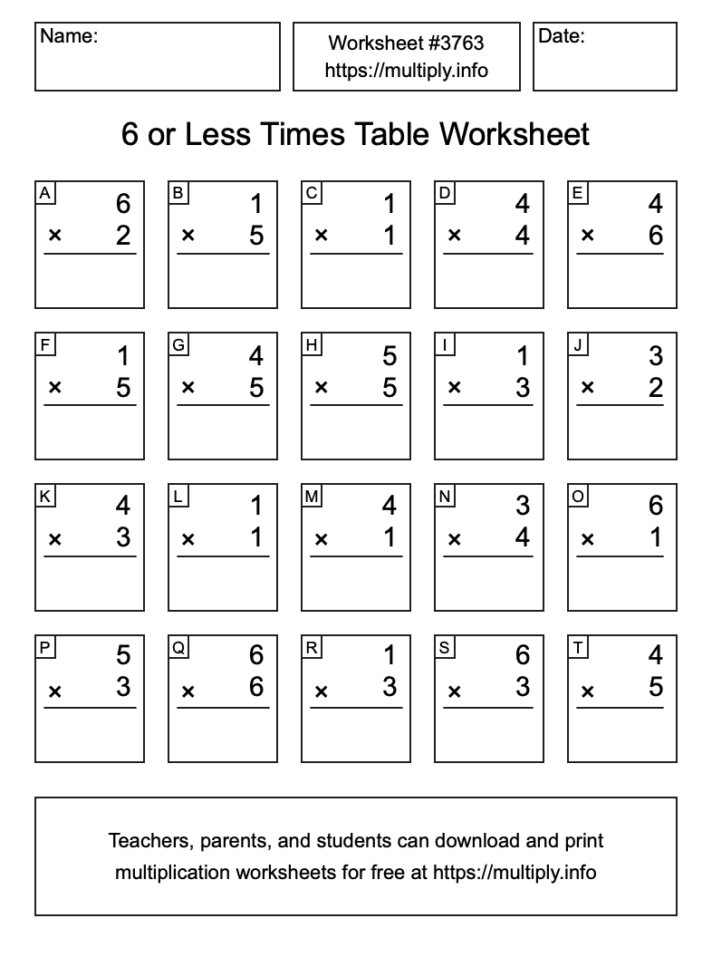 6 or less Times Table Worksheet #3763