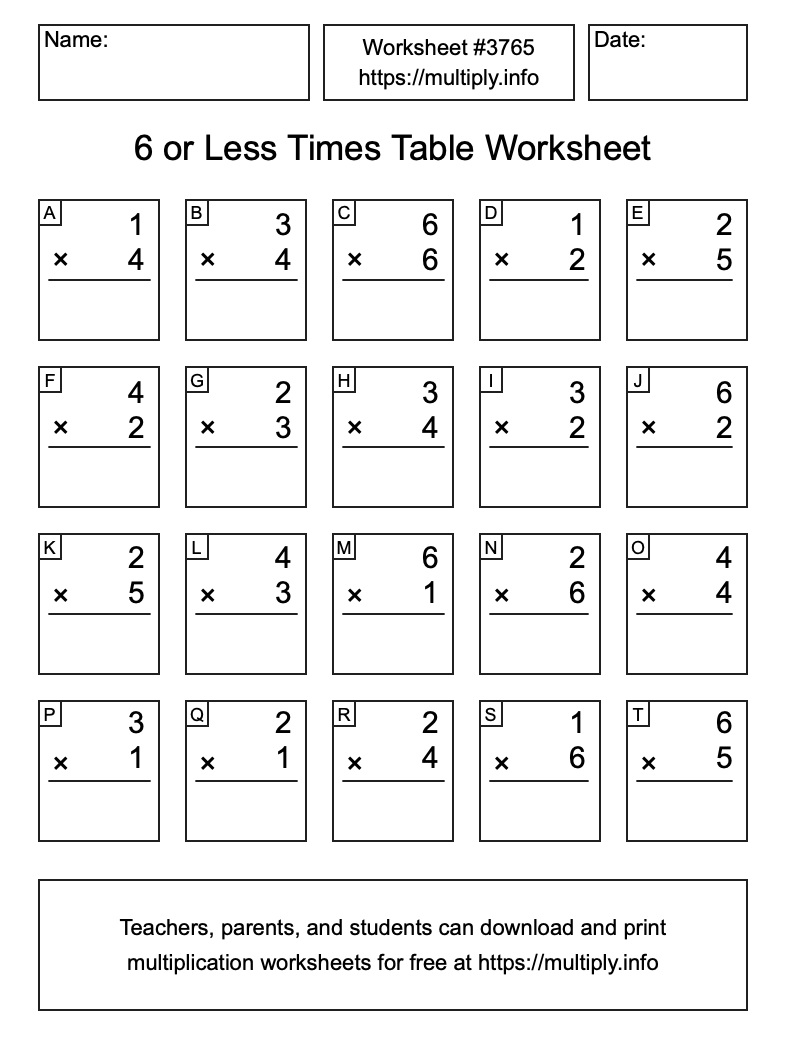 6 or less Times Table Worksheet #3765