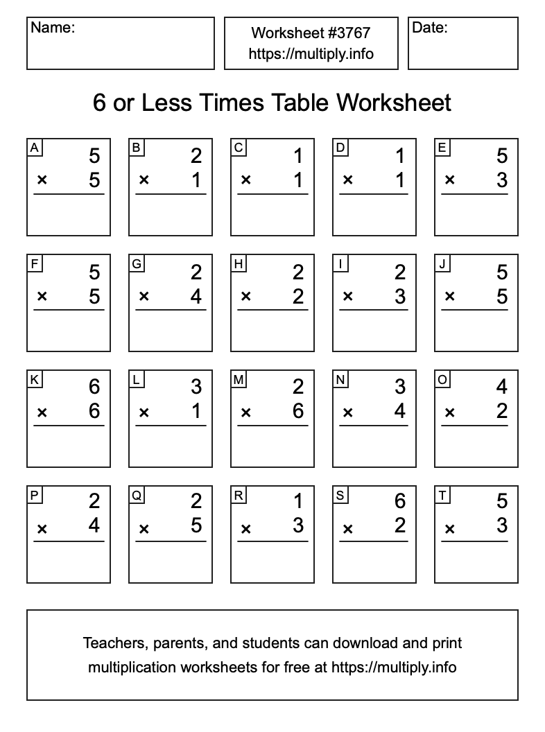 6 or less Times Table Worksheet #3767