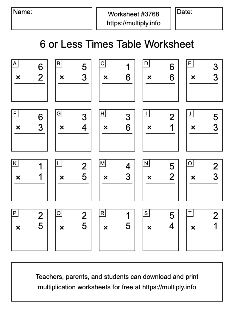 6 or less Times Table Worksheet #3768