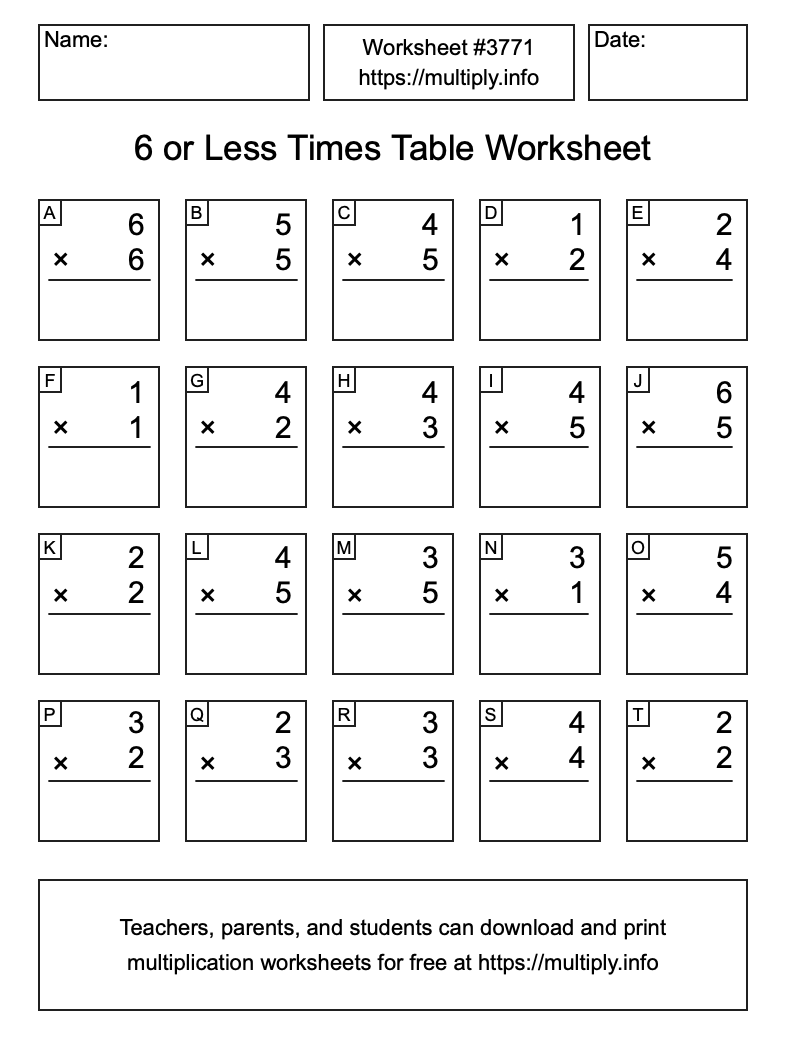 6 or less Times Table Worksheet #3771
