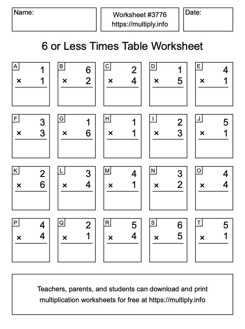 6 or less Times Table Worksheet #3776