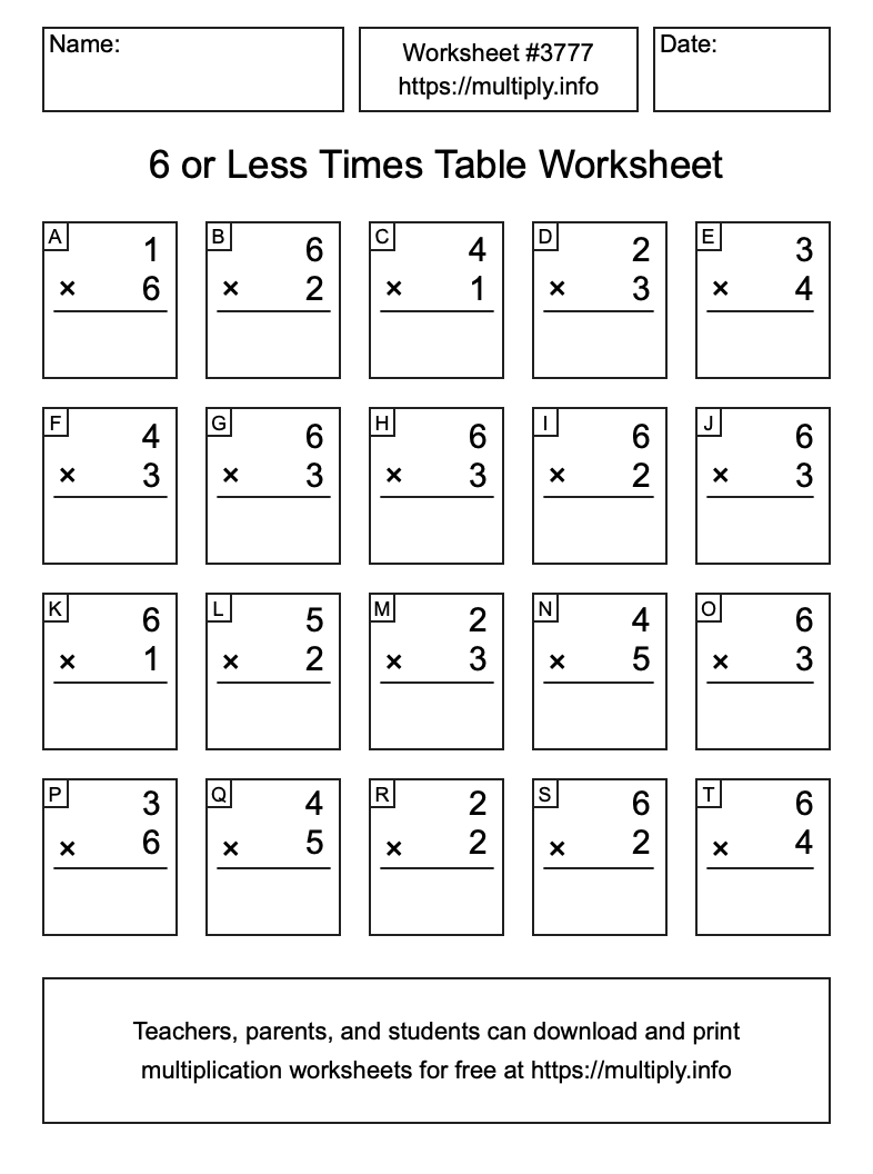 6 or less Times Table Worksheet #3777