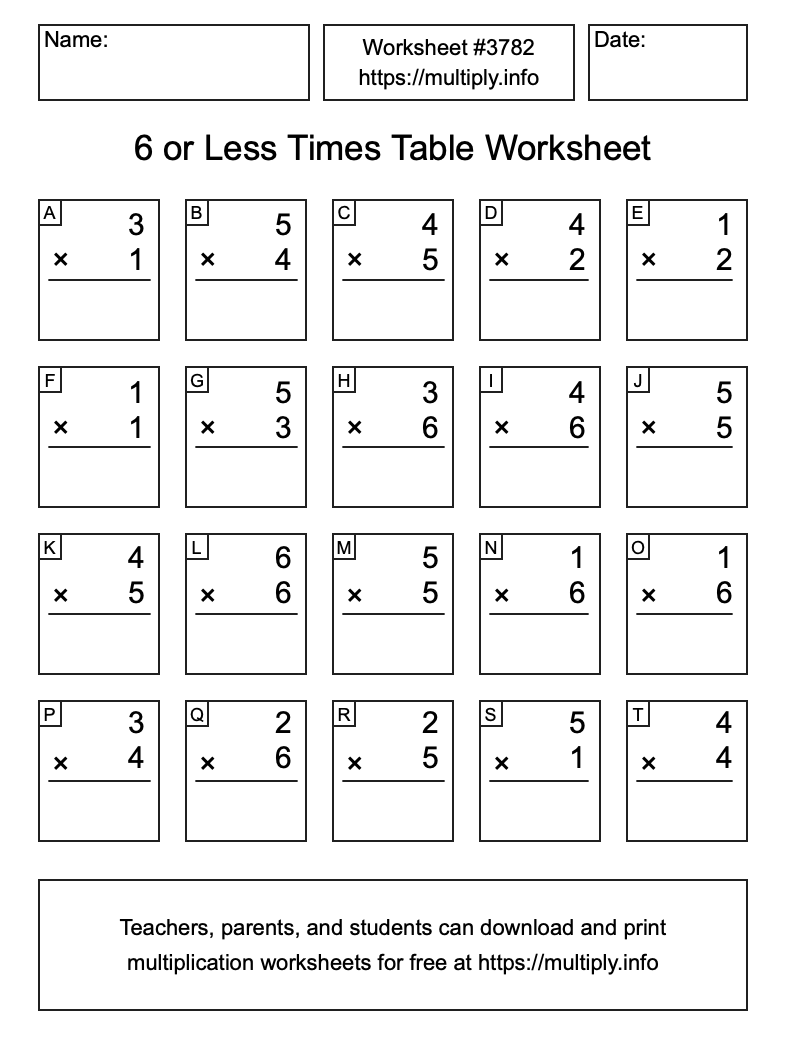6 or less Times Table Worksheet #3782