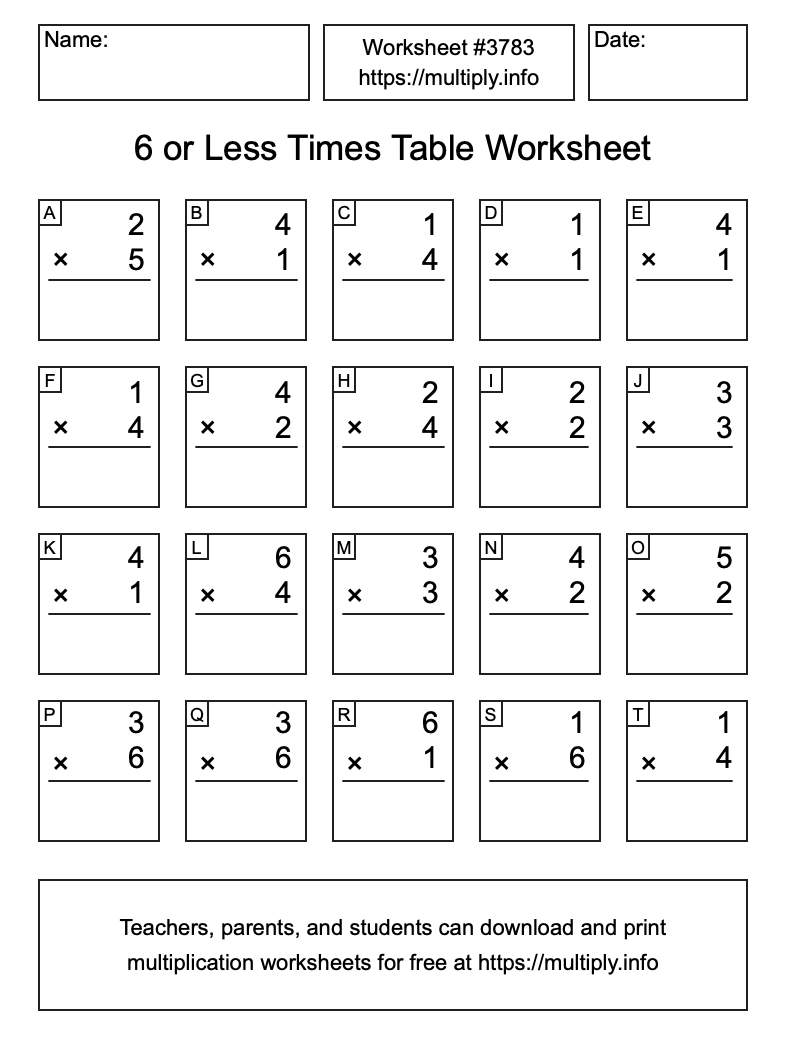 6 or less Times Table Worksheet #3783