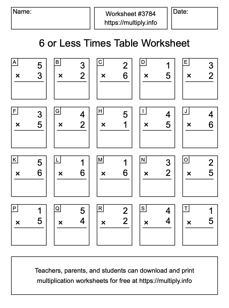 6 or less Times Table Worksheet #3784