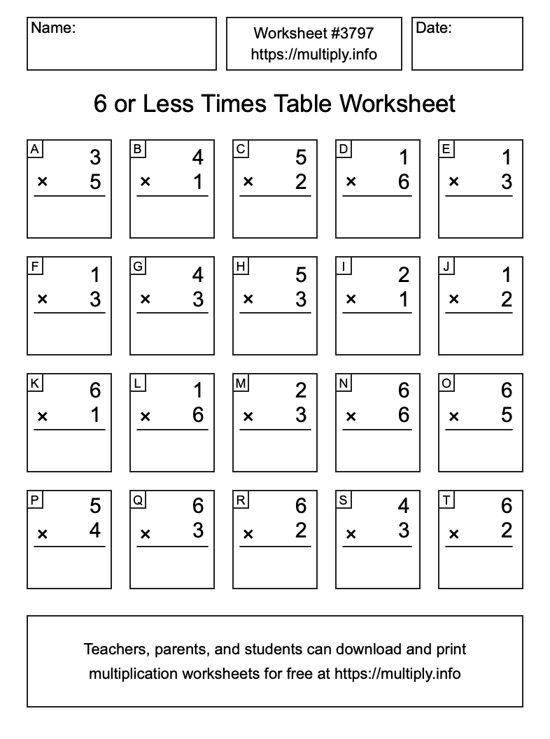 6 or less Times Table Worksheet #3797