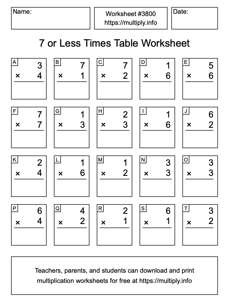 7 or less Times Table Worksheet #3800