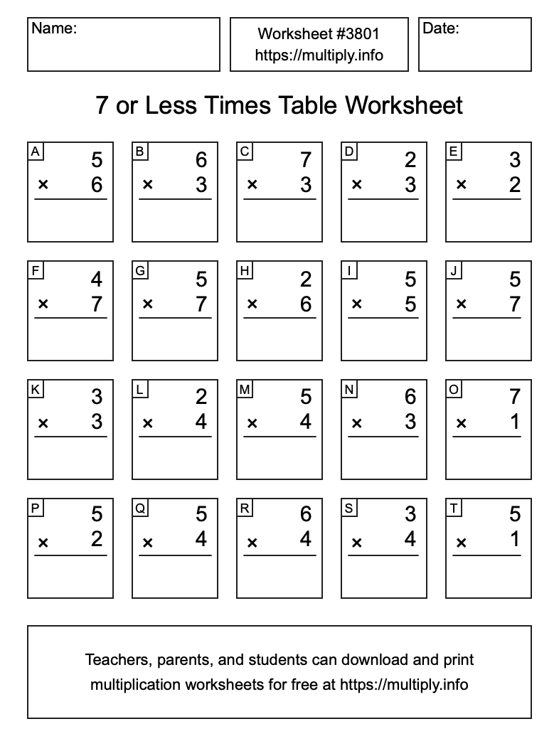 7 or less Times Table Worksheet #3801