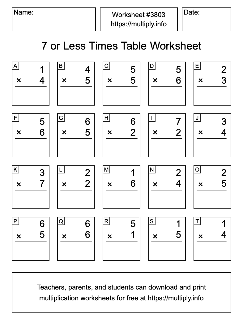 7 or less Times Table Worksheet #3803