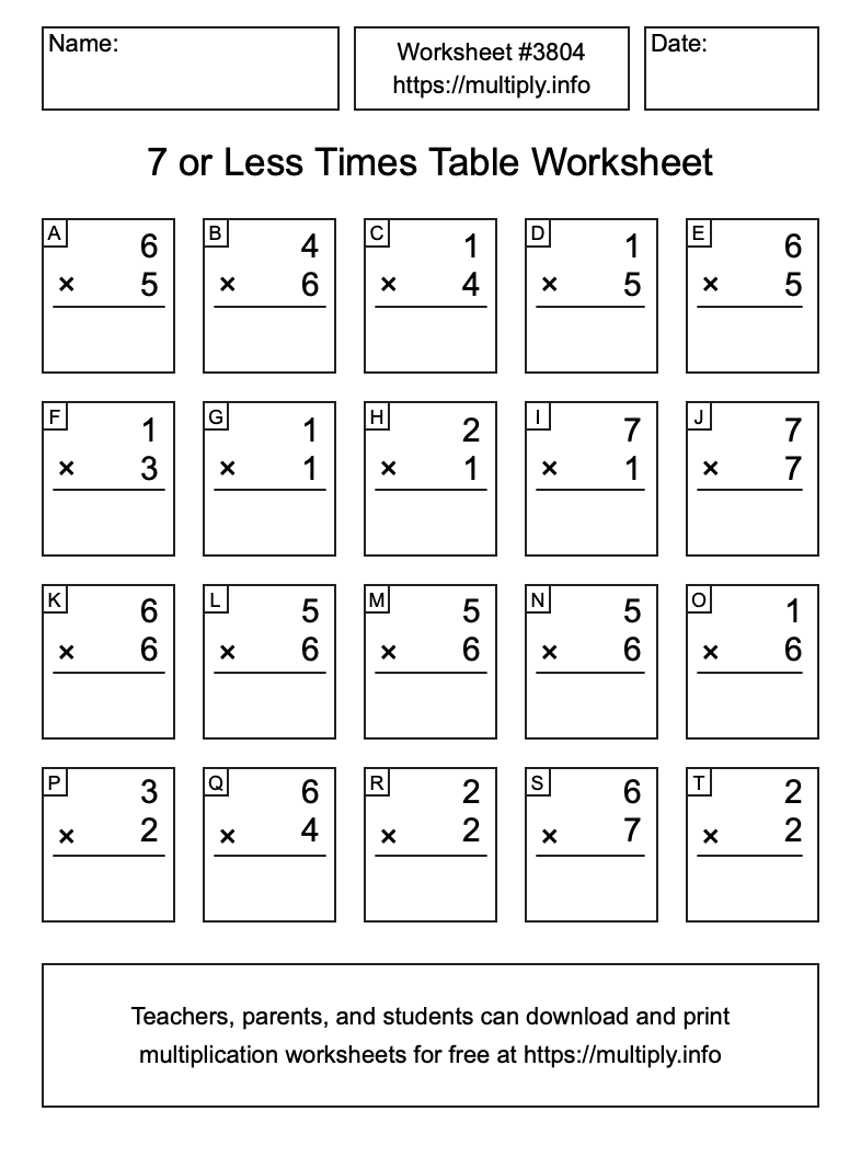 7 or less Times Table Worksheet #3804