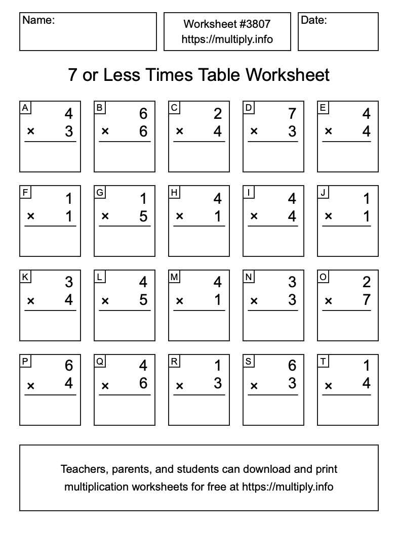7 or less Times Table Worksheet #3807