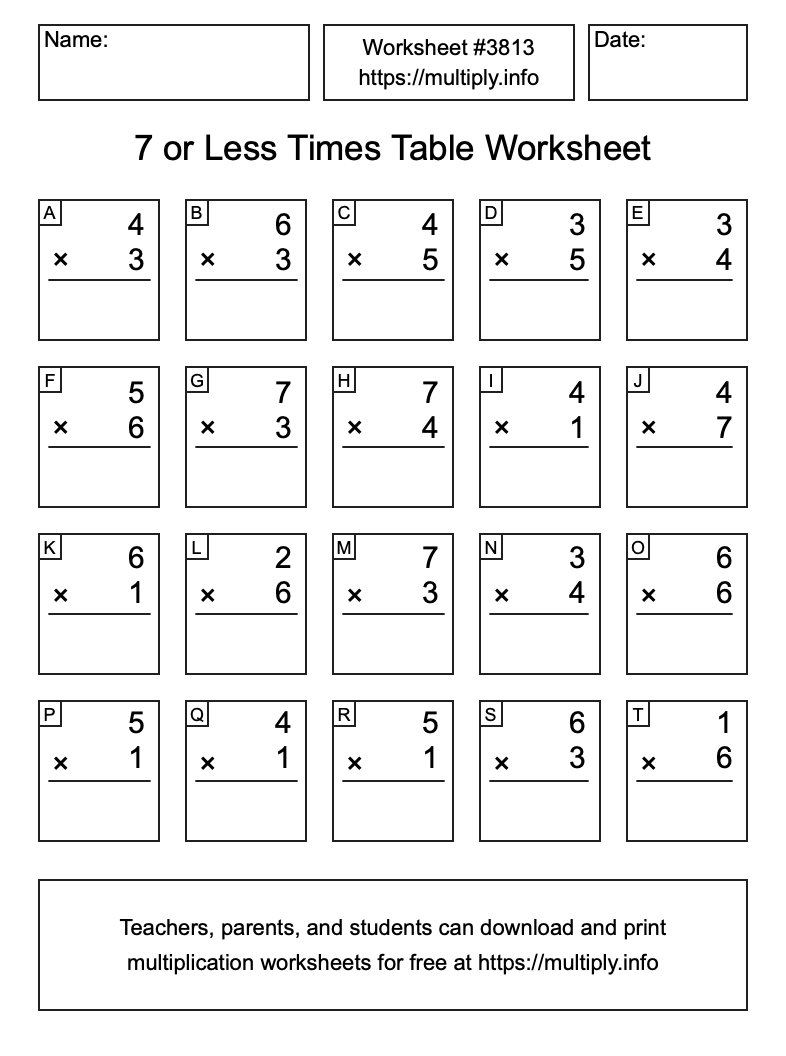 7 or less Times Table Worksheet #3813