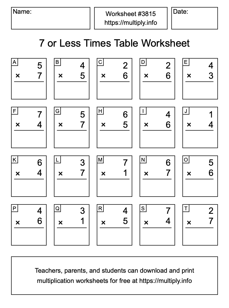 7 or less Times Table Worksheet #3815