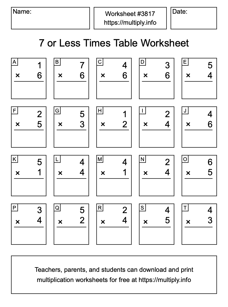 7 or less Times Table Worksheet #3817
