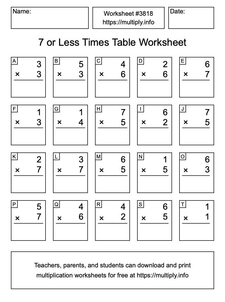 7 or less Times Table Worksheet #3818