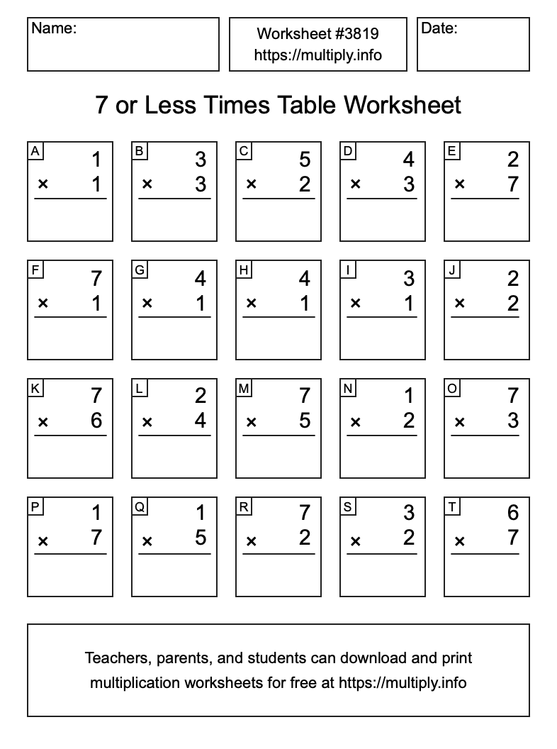 7 or less Times Table Worksheet #3819