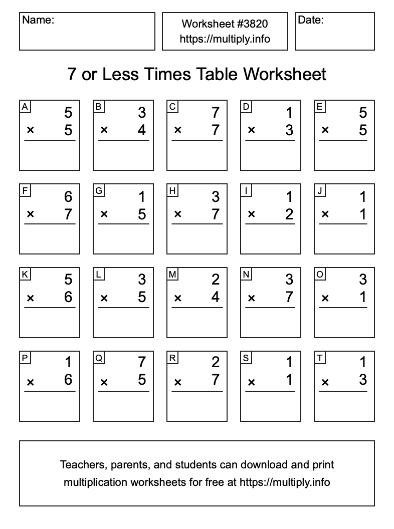 7 or less Times Table Worksheet #3820