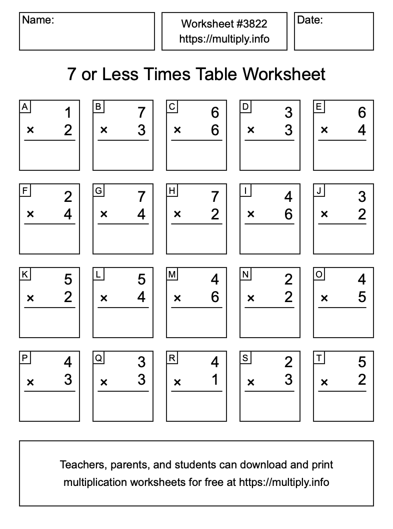 7 or less Times Table Worksheet #3822