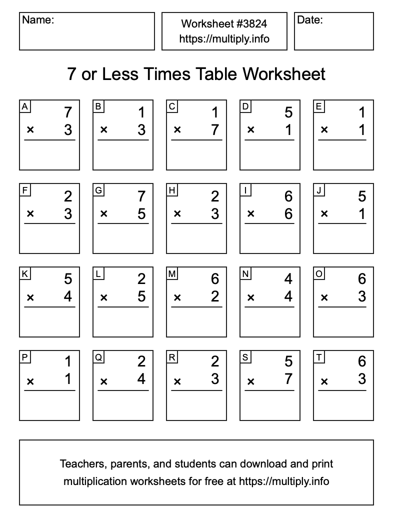 7 or less Times Table Worksheet #3824