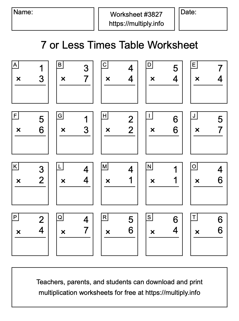 7 or less Times Table Worksheet #3827