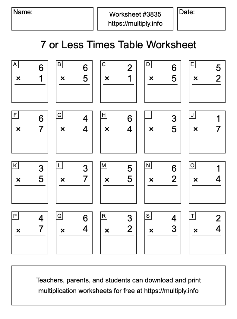 7 or less Times Table Worksheet #3835