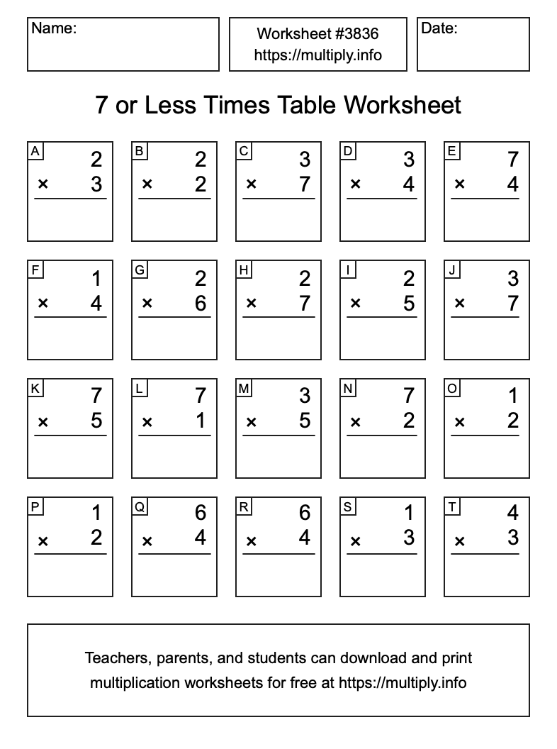 7 or less Times Table Worksheet #3836