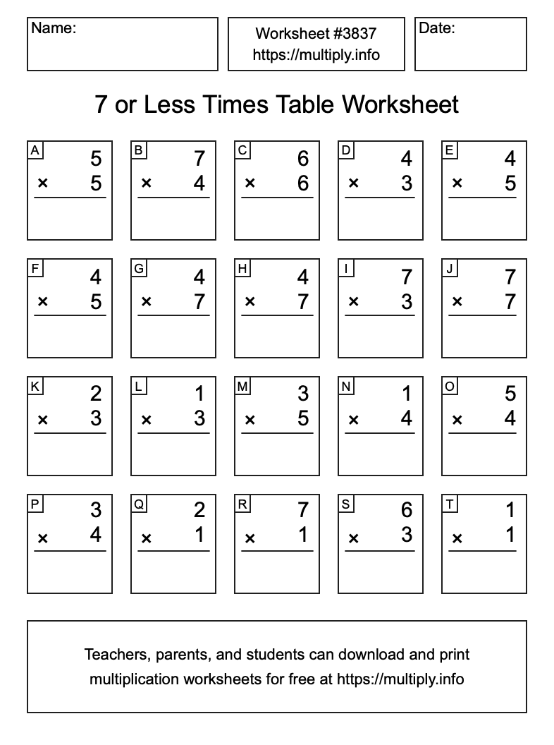 7 or less Times Table Worksheet #3837