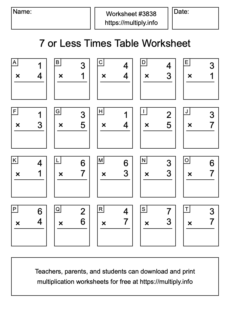 7 or less Times Table Worksheet #3838
