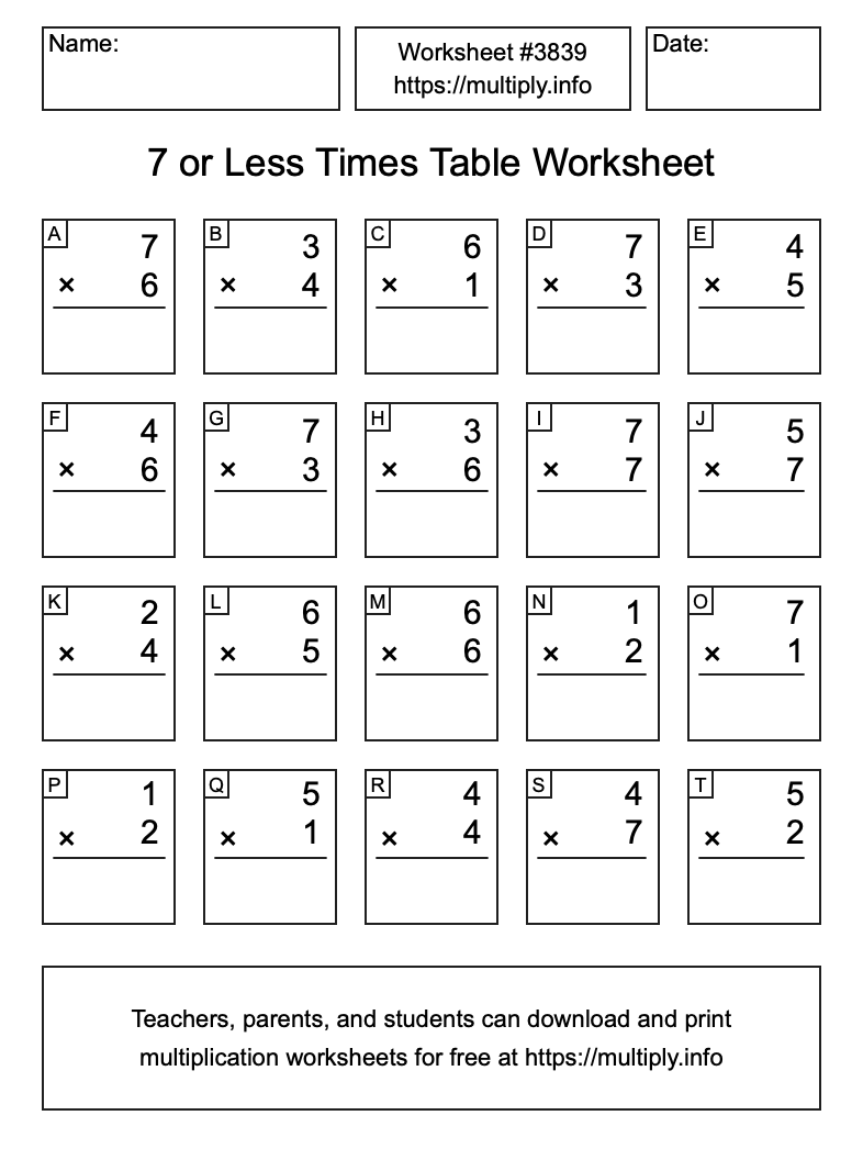 7 or less Times Table Worksheet #3839