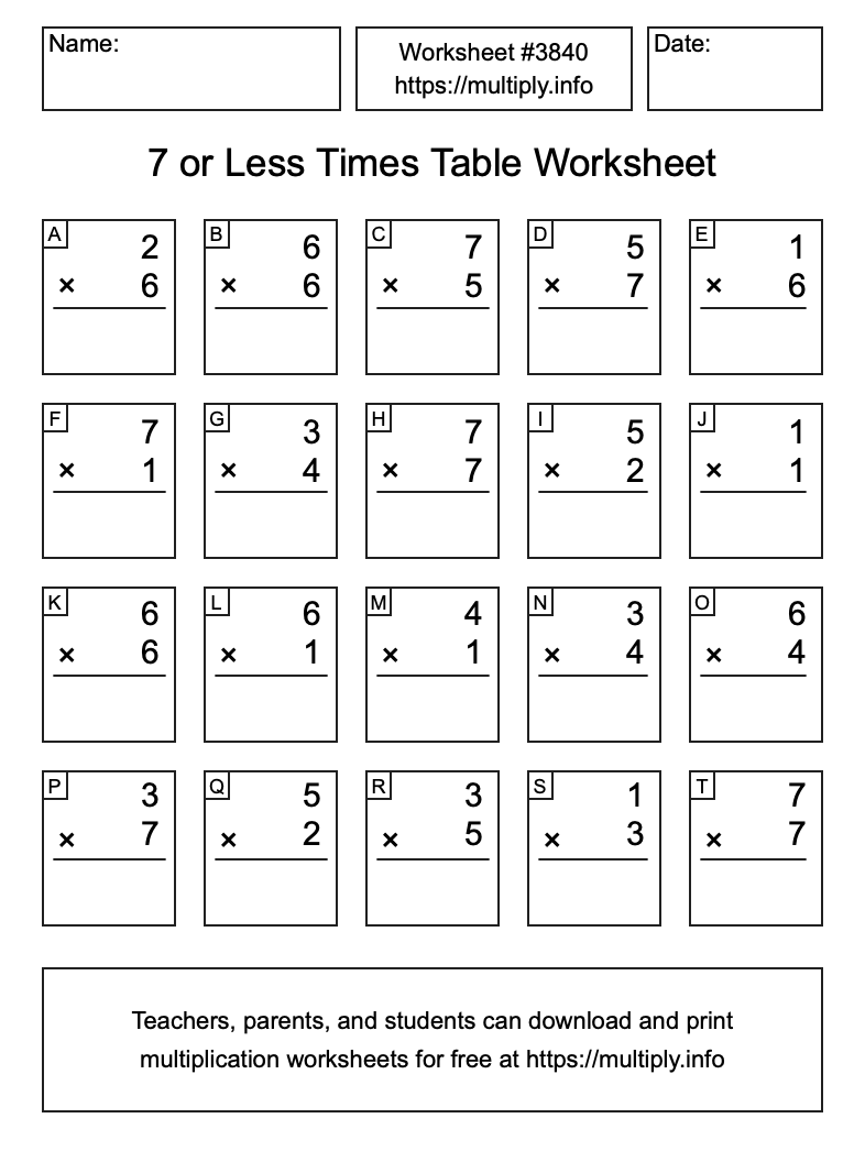 7 or less Times Table Worksheet #3840