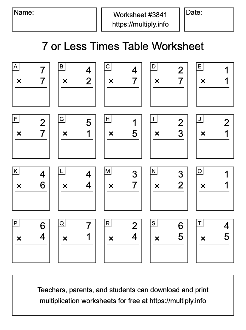 7 or less Times Table Worksheet #3841