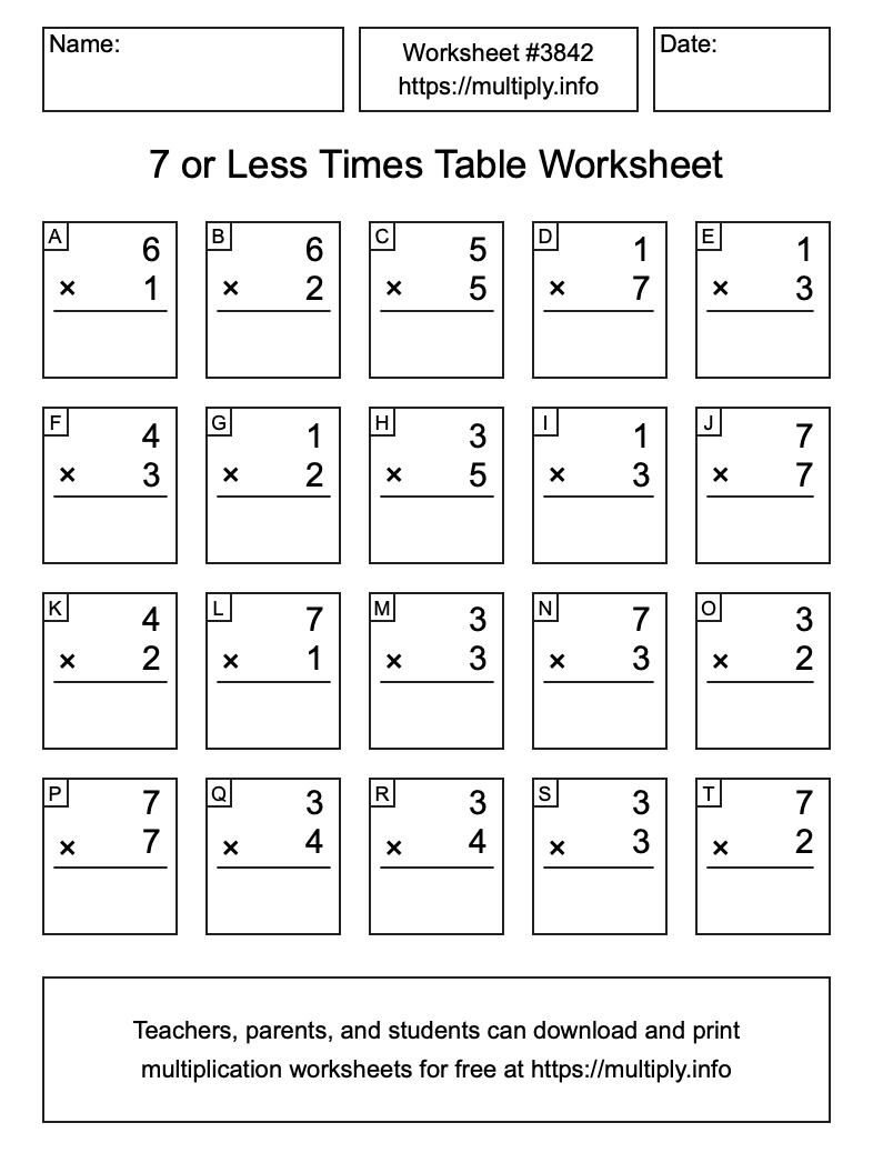 7 or less Times Table Worksheet #3842