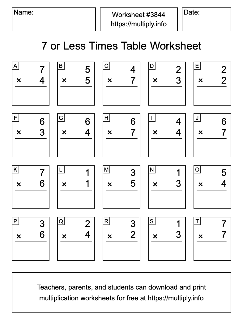 7 or less Times Table Worksheet #3844