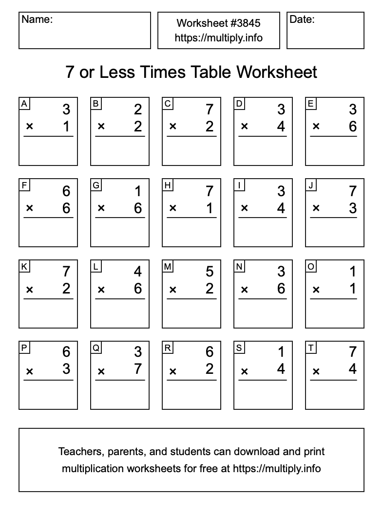 7 or less Times Table Worksheet #3845