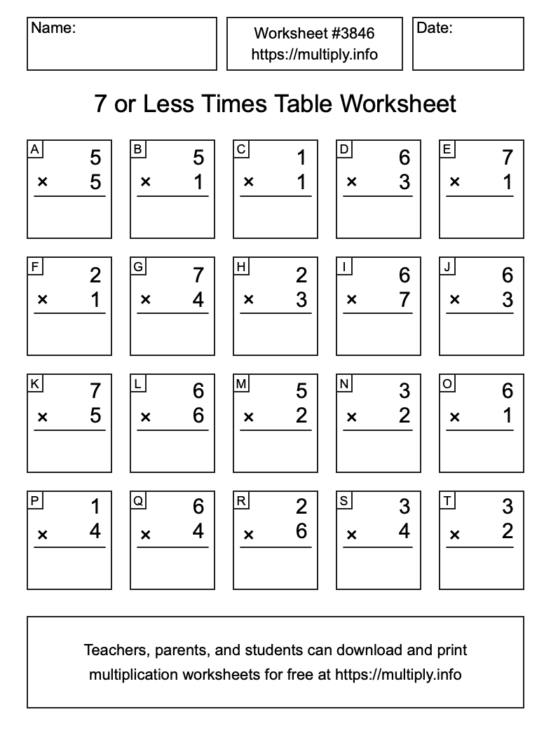7 or less Times Table Worksheet #3846