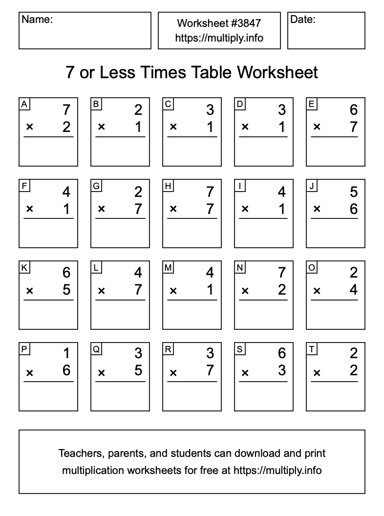 7 or less Times Table Worksheet #3847