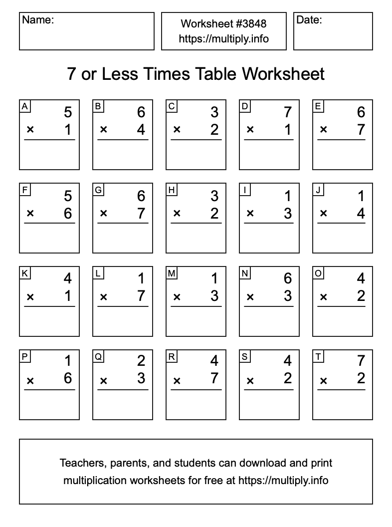 7 or less Times Table Worksheet #3848