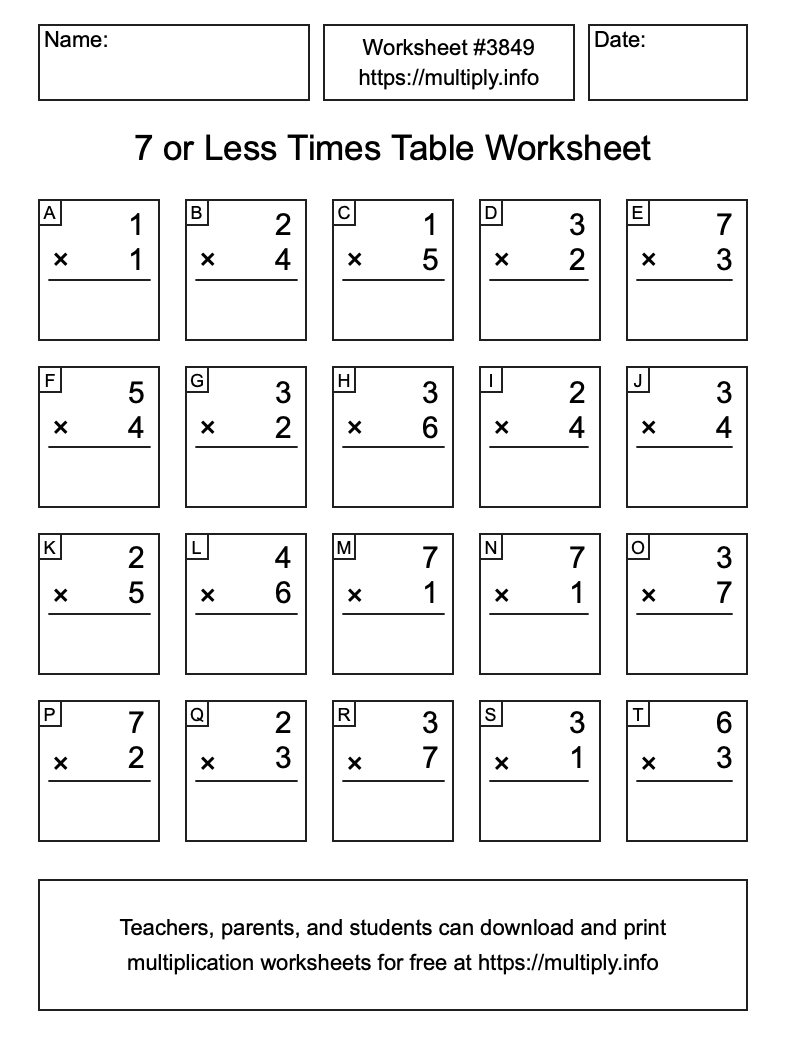 7 or less Times Table Worksheet #3849