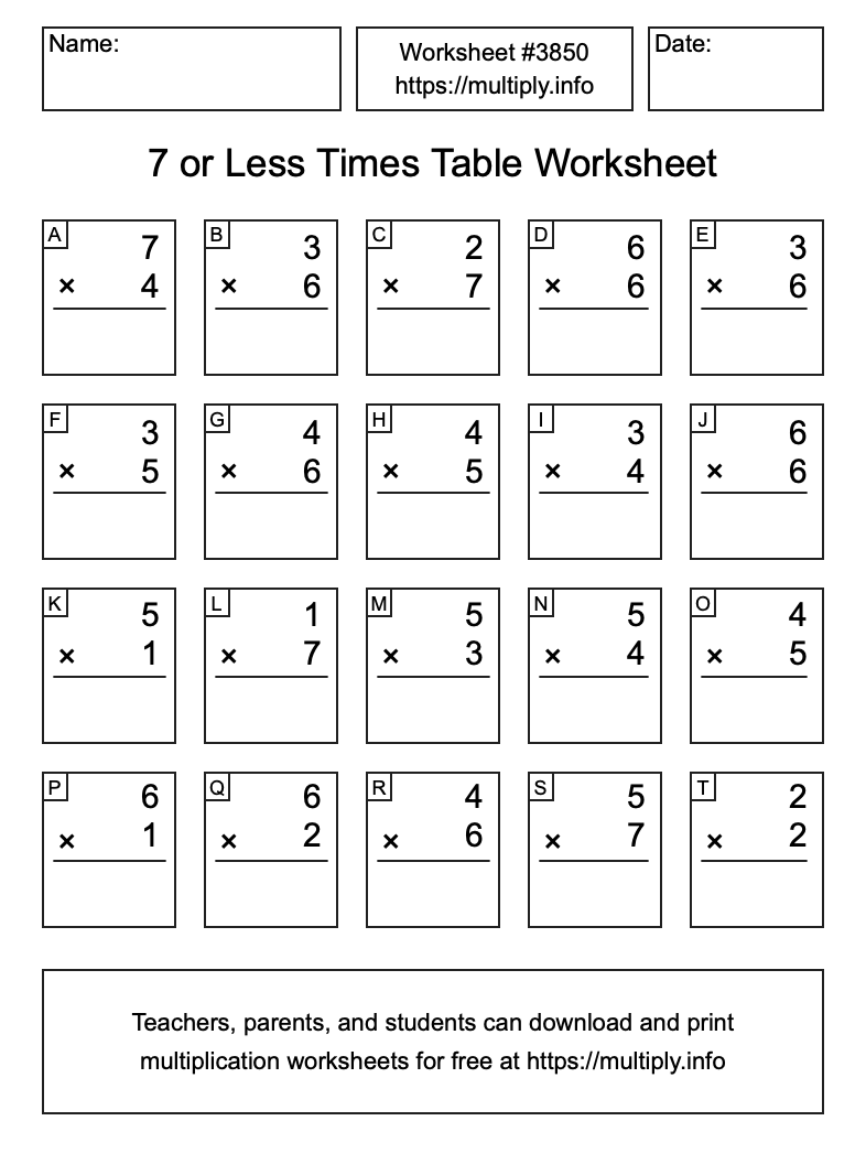 7 or less Times Table Worksheet #3850