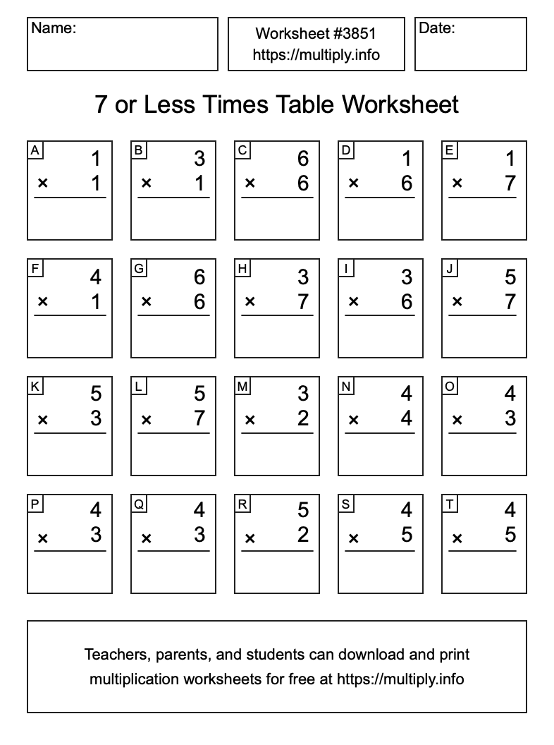 7 or less Times Table Worksheet #3851