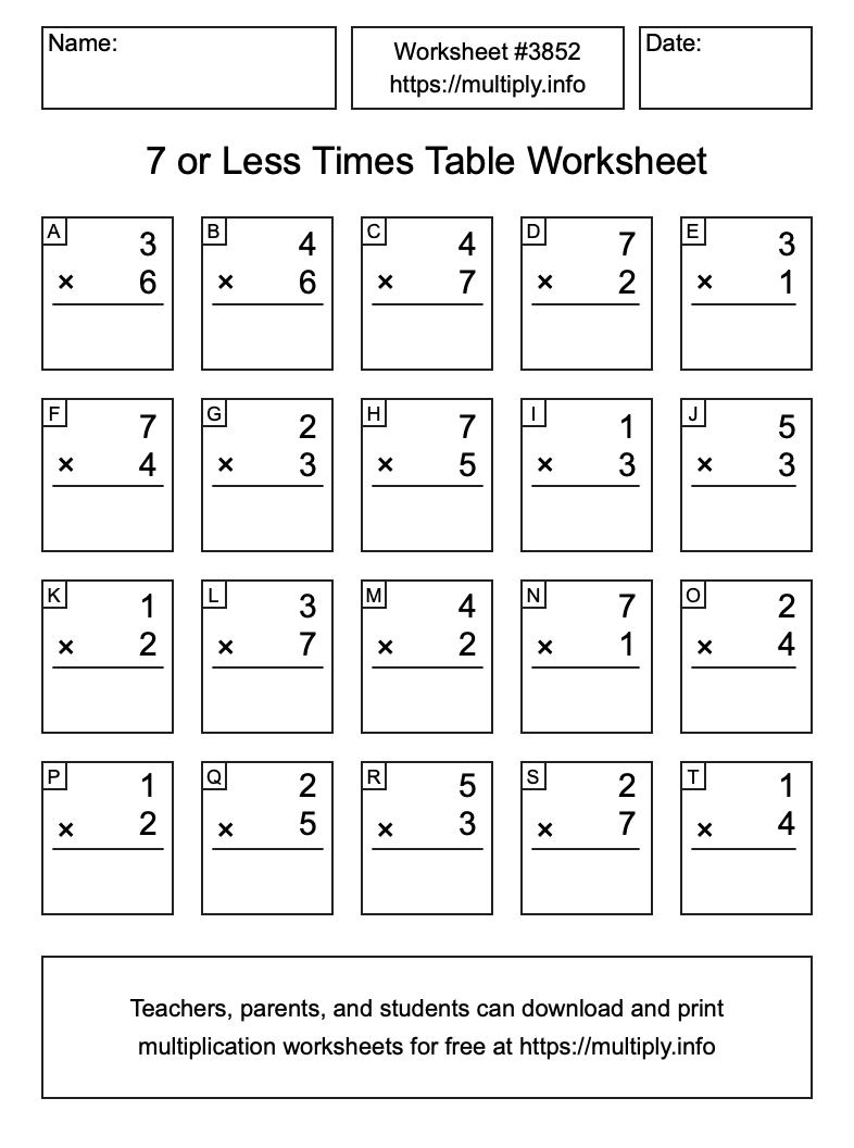 7 or less Times Table Worksheet #3852