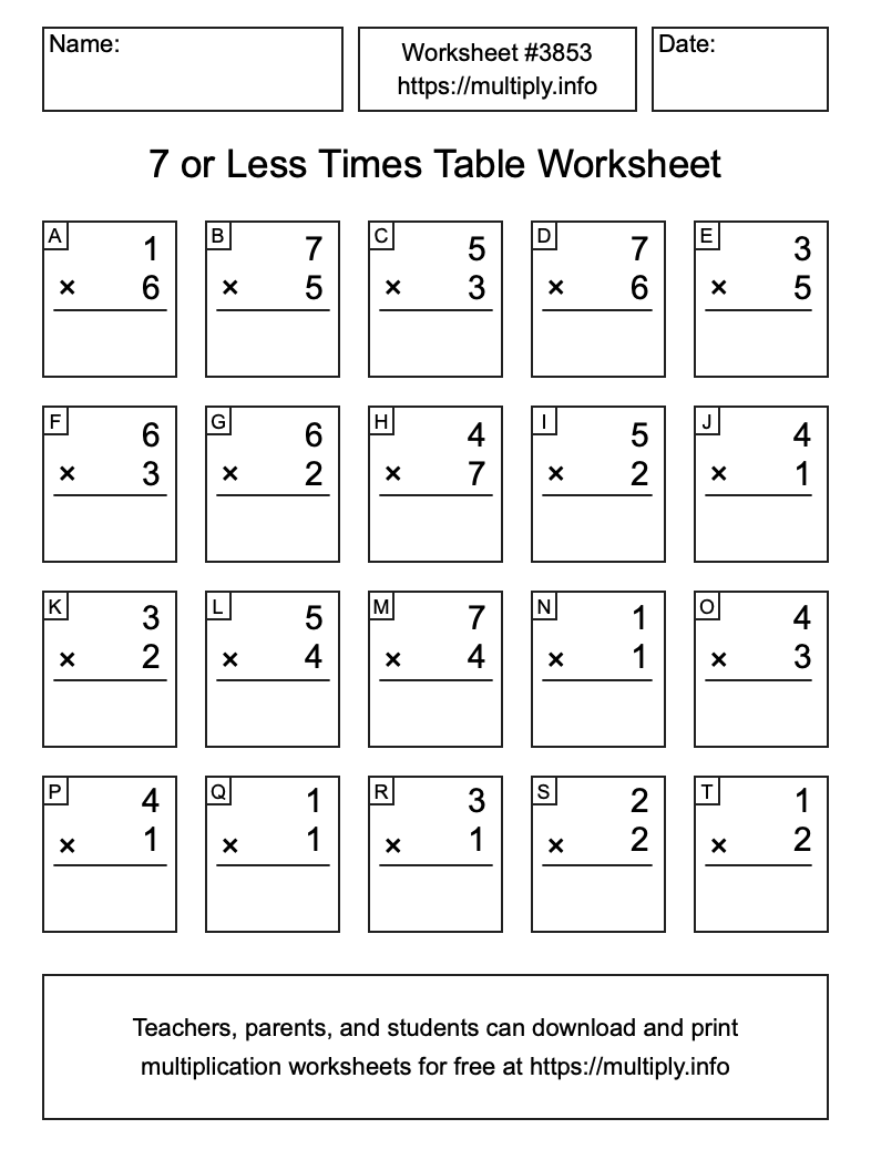 7 or less Times Table Worksheet #3853