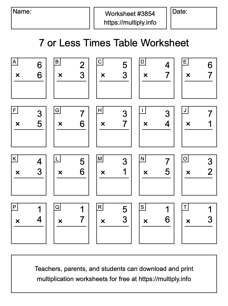 7 or less Times Table Worksheet #3854