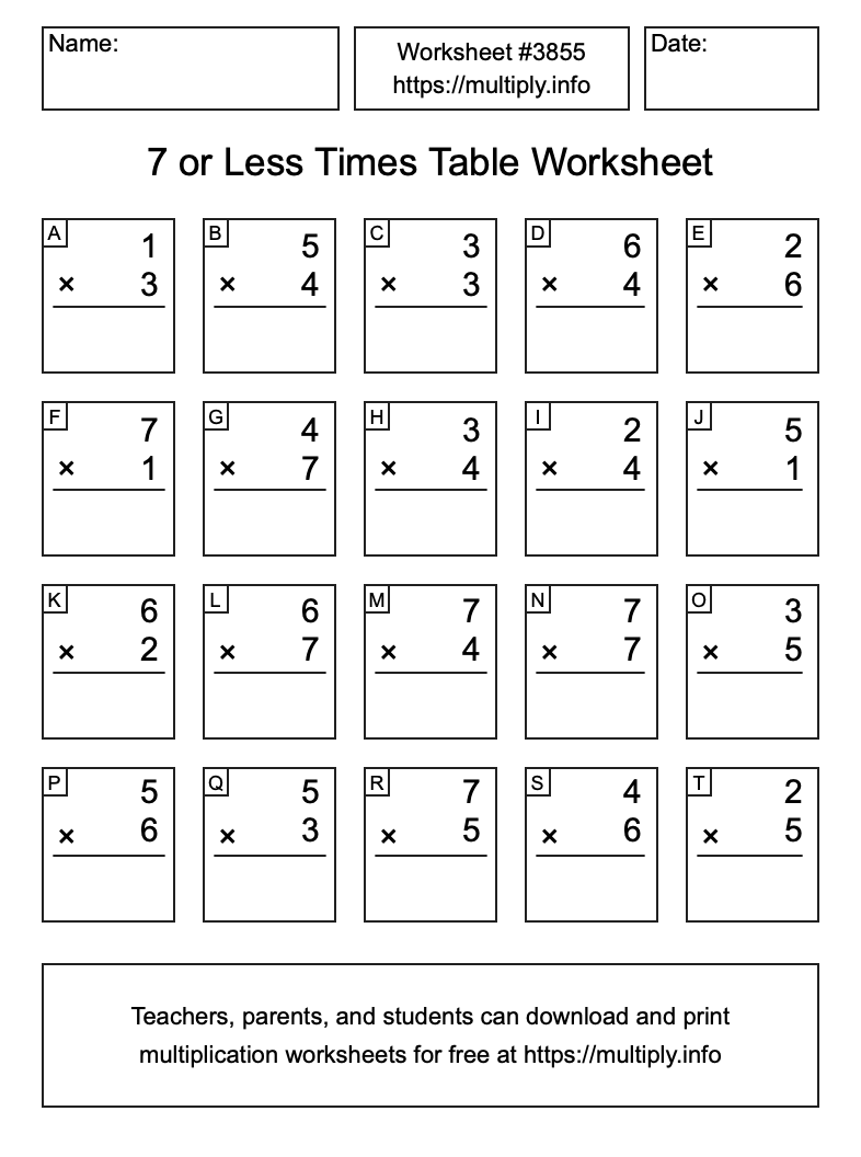 7 or less Times Table Worksheet #3855